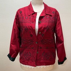 Vintage White Stag Embroidered Beaded Aztec Western Cranberry Red‎ Jacket Medium